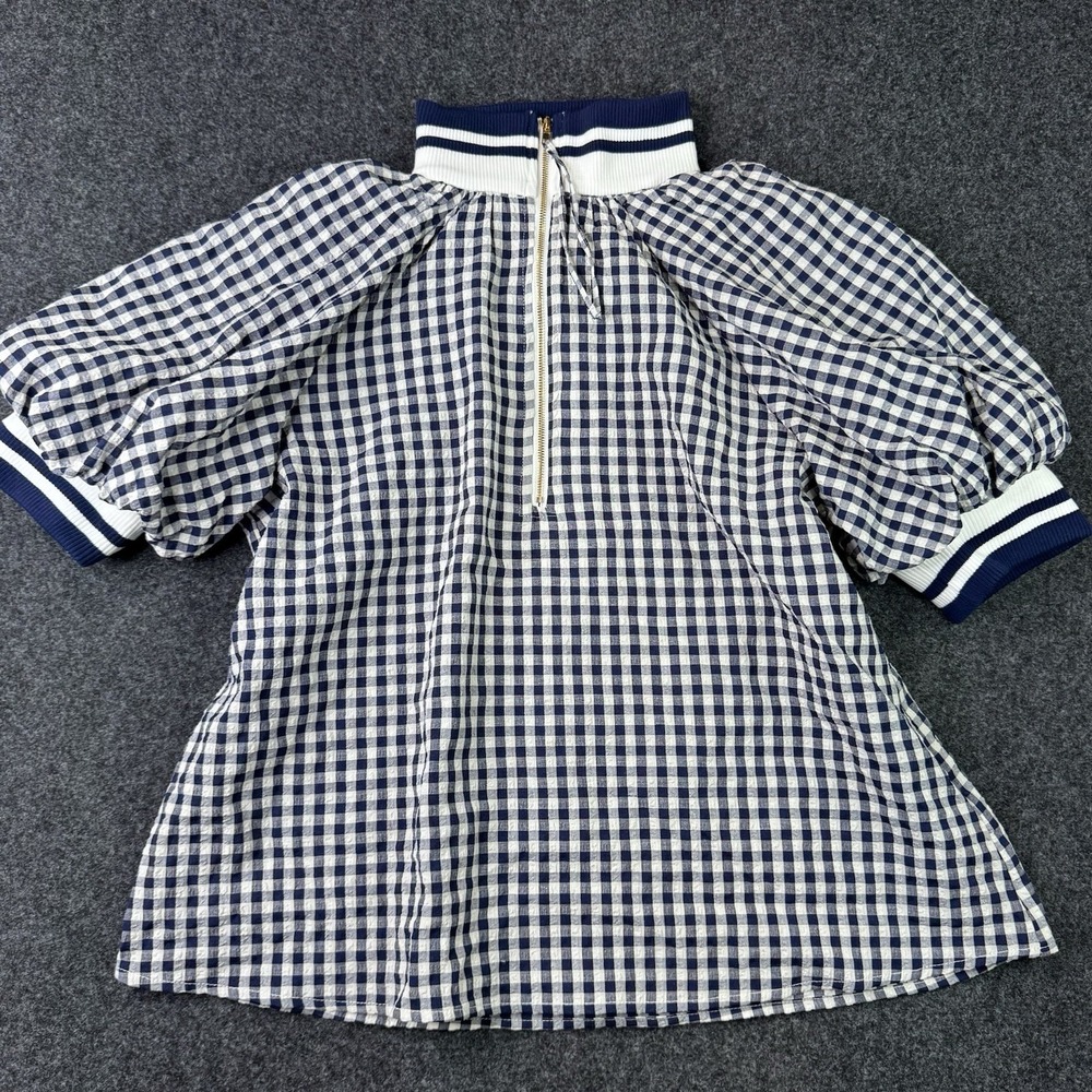Entro Womens Small Navy Gingham Puff Sleeve Half Zip Preppy Coastal Blouse